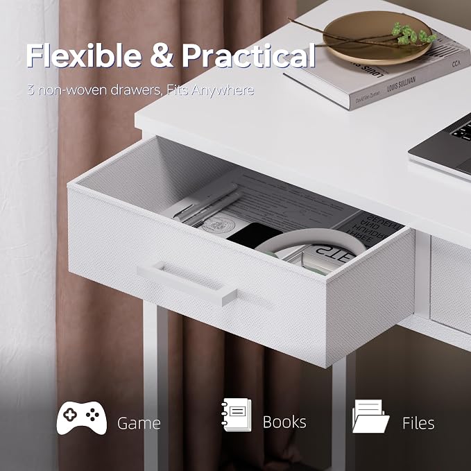 Pamray 47 Inch Small Computer Desk with 3 Drawers for Bedroom Study Writing Home Office Table for Small Spaces White