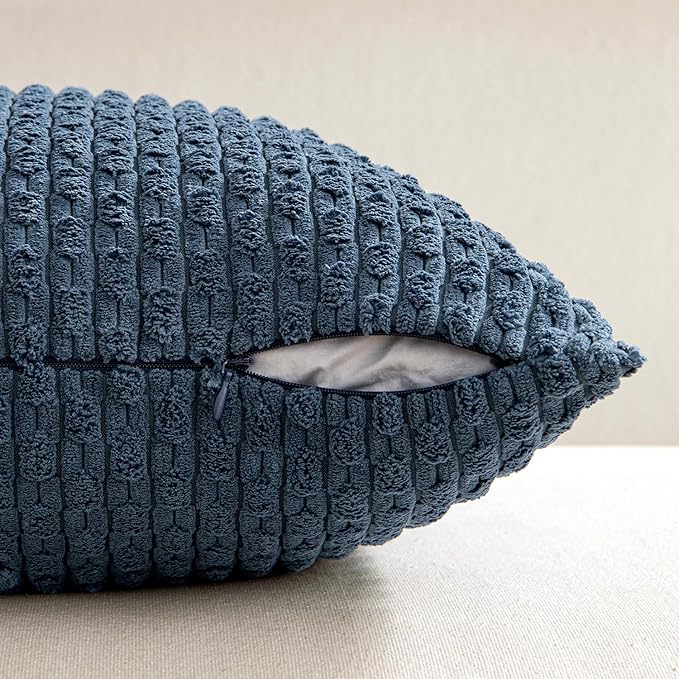 MIULEE Lumbar Decorative Throw Pillow Covers 12x20 Blue Textured Corduroy | Striped Pack of 2 Striped Pillow Covers Modern Farmhouse Coastal Home Decor for Couch Bed Sofa Living Room