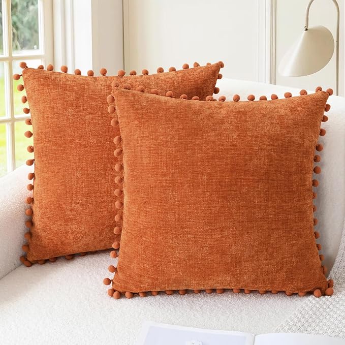 CaliTime Fall Decorative Throw Pillow Covers 12 X 12 Inches Burnt Orange | Pack of 2, Cozy Chenille Cushion Cases, with Pom Poms for Sofa Bed Living Room Farmhouse Home