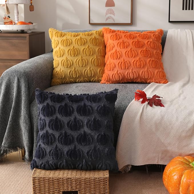 DFXSZ Fall Pillow Covers 20x20 2Pcs Navy Blue Pumpkin Fall Decorations | Fall decor Set of 2 Throw Pillow Cases Soft Plush Faux Fur Wool Couch Cushion for Chair Sofa Bedroom Living Room Home Decor