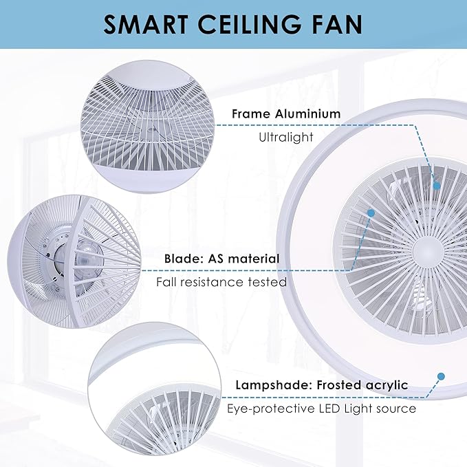 24" Bladeless Ceiling Fan with RGB Light Remote, Smart LED Ceiling Fans with Voice/App Control, Modern Low Profile Dimmable Light Ceiling Fan for Bedroom Living Room