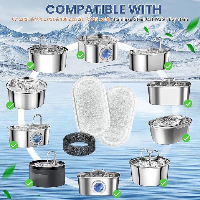 Cat Water Fountain Filters Replacement, 16 Pcs Pet Water Fountain Filter with 16 Pcs Foam Sponges for 67oz/2L & 108oz/3.2L Stainless Steel Pet Cat Water Fountain Dispenser Filters