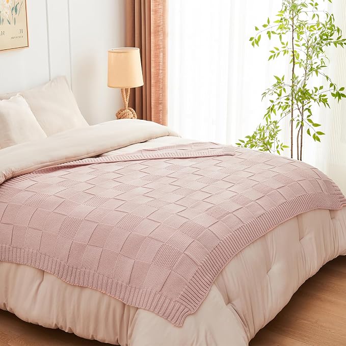 CozeCube Pink Knitted Checkered Throw Blanket 60"X80" | Check Knit Throw for Couch, Decorative Christmas Soft Cozy Warm Blanket for Bed Sofa Living Room