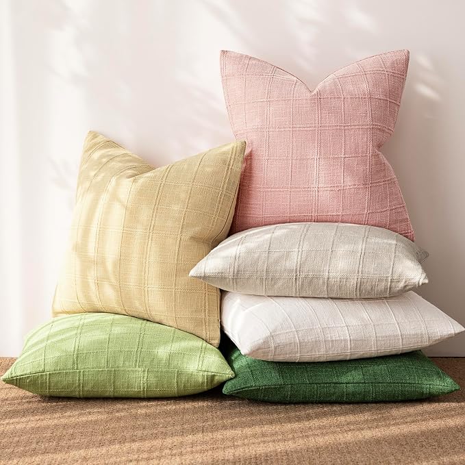 Foindtower Set of 2 Decorative Linen Check Throw Pillow Covers Neutral Farmhouse Vintage Cushion Covers Modern Boho Accent Home Decor for Sofa Chair Couch Bedroom Living Room,26×26 Inch,Light Pink