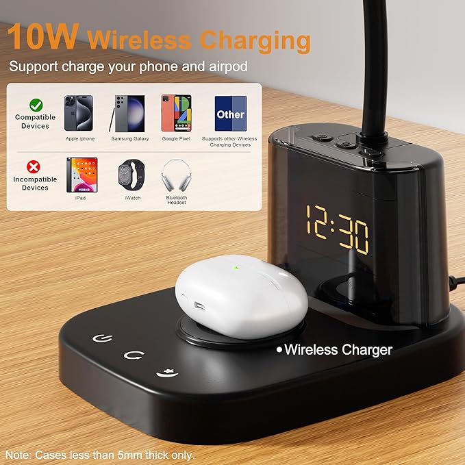 10W Wireless Charging LED Desk Lamp with Clock, Light Black | CRI 95, 800LM, Stepless Dimming, 3 Modes, 360°Flexible Arm, Touch, Study Table Lamp for Home Office, Dorm Room, with Adapter