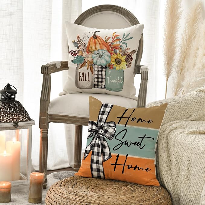 AVOIN colorlife Fall Pumpkin Home Sweet Home Throw Pillow Covers, 18 x 18 Inch Autumn Thankful Grateful Blessed Harvest Floral Decorations for Sofa Couch Set of 4