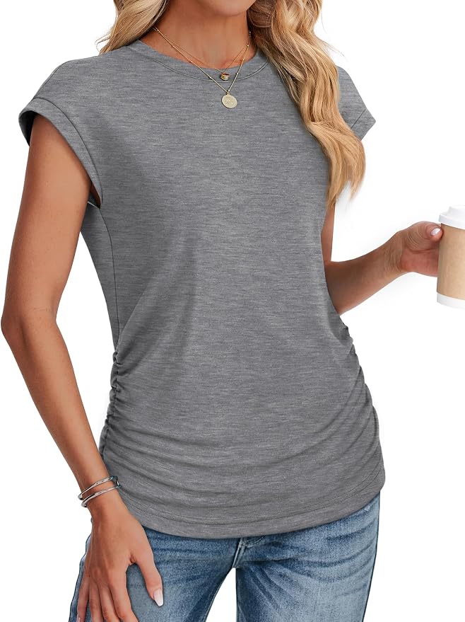 Sampeel Womens Summer Tops Trendy 2026 Ruched Cap Short Sleeve Tshirts Shirts Crew Neck T Shirts Fashion