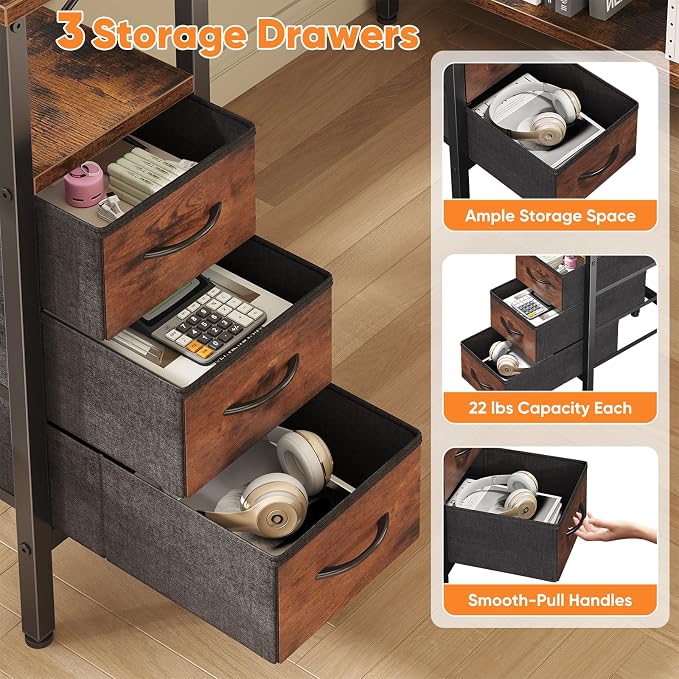 DUMOS L Shaped Desk with Drawers, Gaming Desk, 55 Inch | Power Outlet, Study Table, Adjustable Shelves, Home Office, Corner Computer Workstation, Bedroom, Brown