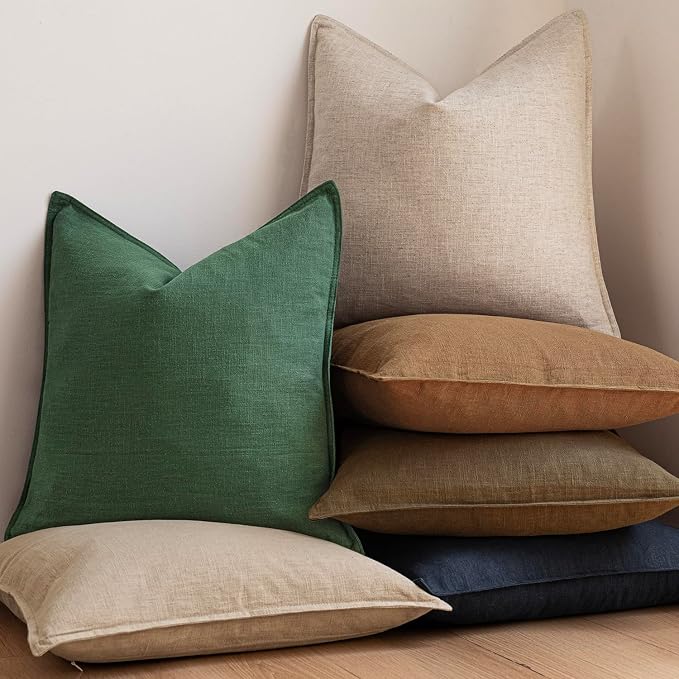 Foindtower Set of 2, Decorative Linen Solid Throw Pillow Covers Soft Accent Euro Cushion Case Farmhouse Neutral Pillowcase for Chair Couch Sofa Bedroom Living Room Home Decor 24 x 24 Inch Pine Green