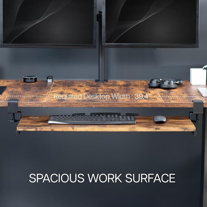 VIVO Vintage Brown Large 34 x 11 in Under Desk Keyboard Tray, MOUNT-KB15EN | Keyboard Tray for Typing, Slide Out Platform, Rustic, Extra Sturdy C-Clamp Mount System, Computer Drawer, Black Frame