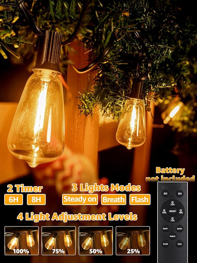 Outdoor String Lights Dimmable with Remote, 100 FT Outdoor Lights with 2 Timer and 3 Mode, Waterproof & Shatterproof Patio Lights, 2200K Energy Saving String Lights 3 Spare Bulbs for Patio Yard