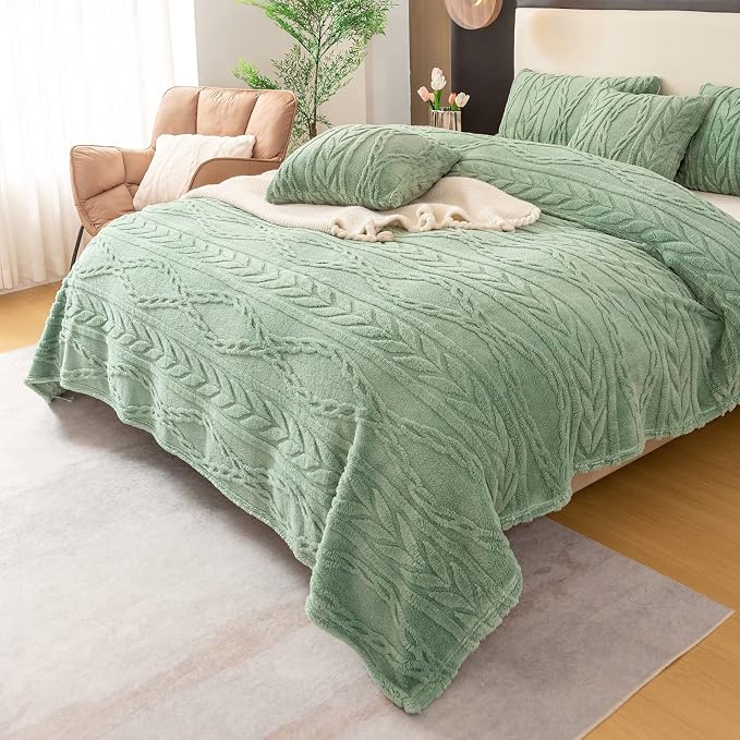 YUSOKI Sherpa Fleece Large Throw Blanket, Sage Green, 50"x65" | 3D Stylish Design,320GSM, Non-Shedding, Lightweight for All Season Use, stays fluffy after repeated washes, Perfect Gifts