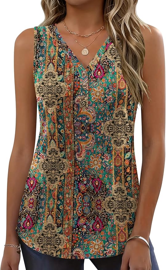 Zeagoo Tank Tops for Women 2026 Summer Top Henley Shirts Dressy Casual Loose Fit V-Neck Button Down Sleeveless Tshirt Blouse