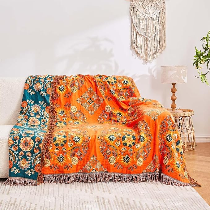 XIBLC Boho Throw Blanket, 100% Cotton Ultra Soft Luxury Throw Rustic Quilt, 90"x98" Floral Printed Farmhouse Decor Bed Summer Blankets, All Season Rustic Reversible Bohemian Throw for Bed - Orange