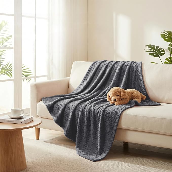 Exclusivo Mezcla Large Fleece Throw Blanket for Couch, Sofa, Dark Grey | 50"x70" Soft Breathable Lightweight Flannel Throws for Summer, Plush Cozy Jacquard Wave Blanket for Home Decor