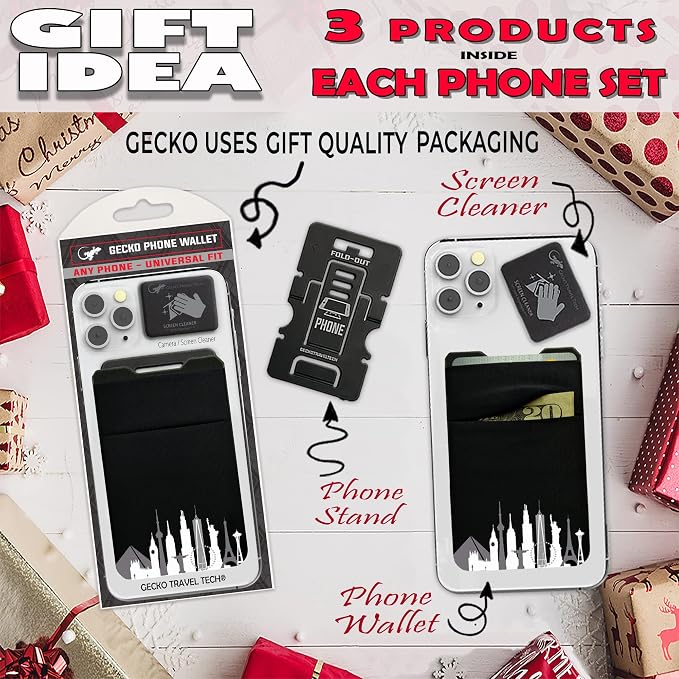 Gecko Travel Tech Double Pocket - Adhesive Card Holder - Cell Phone Pouch - Stick on Spandex Pocket - Carry Credit Cards and Cash (Cityscape)