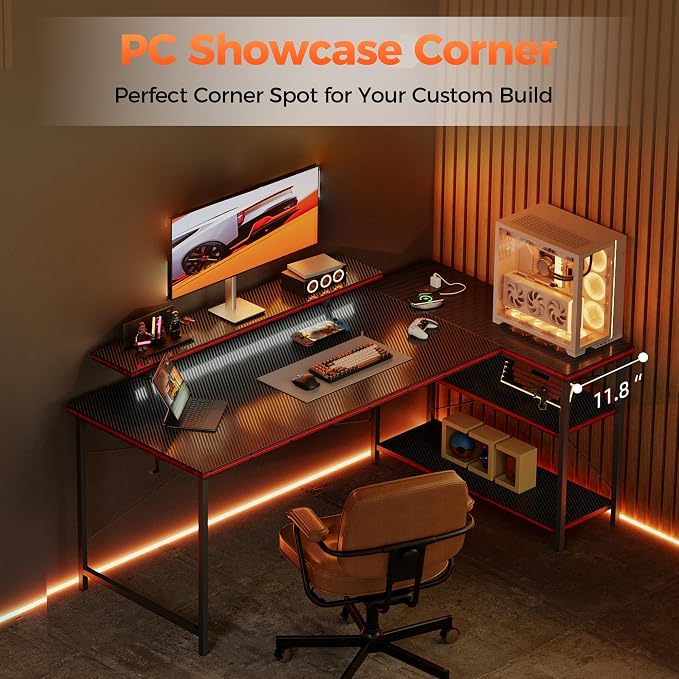 Mericonia 55 in L Shaped Gaming Desk, Large Corner Desk with Monitor Stand | Reversible Computer Desk with Power Outlets, LED Light & Storage Shelves, Office Table for Home Bedroom Study Work Writing