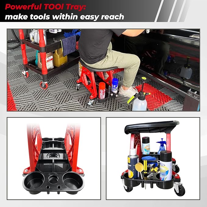 Durable Mechanic Stool Chair with Wheels, Heavy Duty Garage Shop Stool On Wheels, Rolling Stool Car Detailing Creeper Seat with Tool Tray for Workshop, Auto Repair Shop and Home