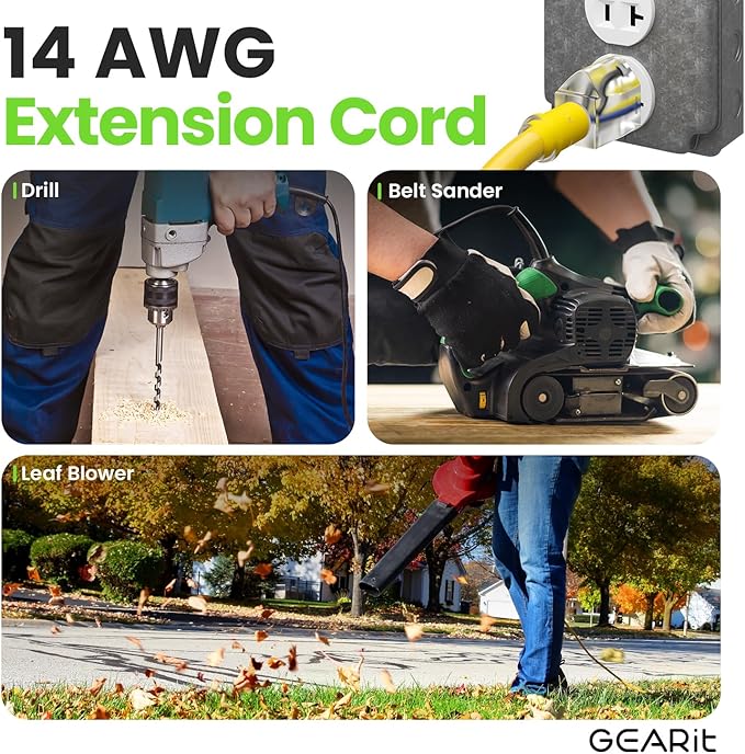 GEARit 100 Ft Extension Cords 14/3 Gauge Outdoor/Indoor SJTW 14 AWG 3 Prong Heavy Duty Power Cable 13A 125V 1625W for Lawn, Garden, Appliances Yellow