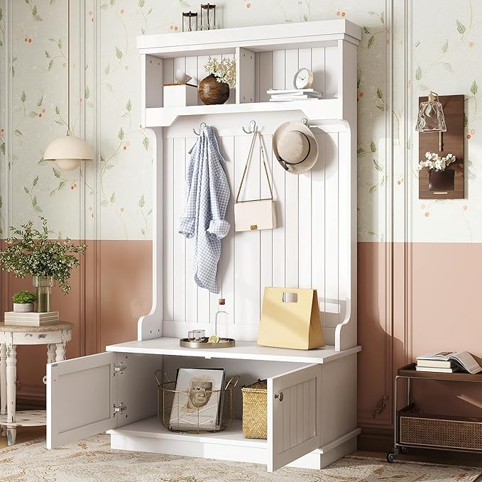 4-in-1 Hall Tree with Storage Bench & Coat Rack - Entryway Organizer with Hooks, Shoe Storage, and Display Shelves for Modern Homes (White)
