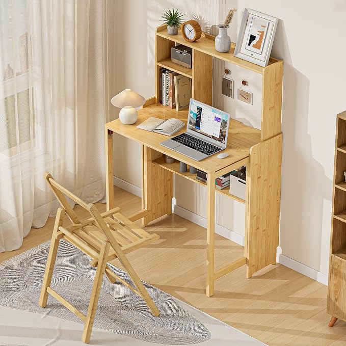 Folding Desk with Bookshelf, Compact Foldable Desk for Small Spaces,Natural | Bamboo Computer Desk with Storage Shelf, Space-Saving Home Office Desk with Hutch for Bedroom, Dorm, Apartment