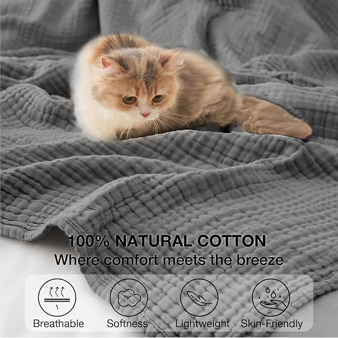 100% Cotton Muslin Blanket California King 120" x 90", 6 Layers Breathable and Lightweight Oversized Blankets for Bed, Soft Cooling Gauze Blanket for Adults All Season, Dark Grey