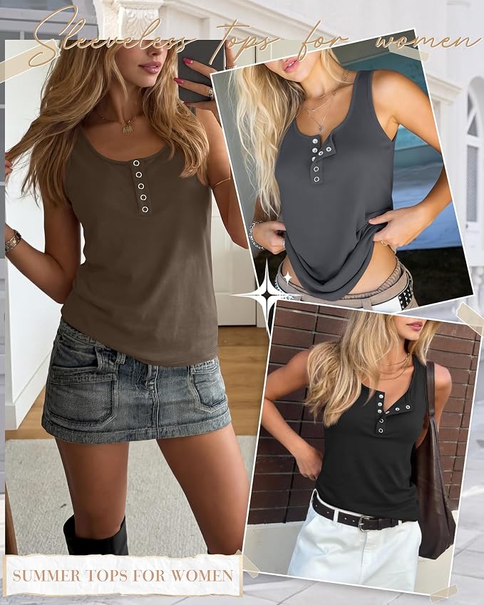 Ficerd 3 Pack Women's Henley Tank Tops Sleeveless Button Down Summer Shirts 2026 Casual Trendy Loose U Neck Tee Blouses