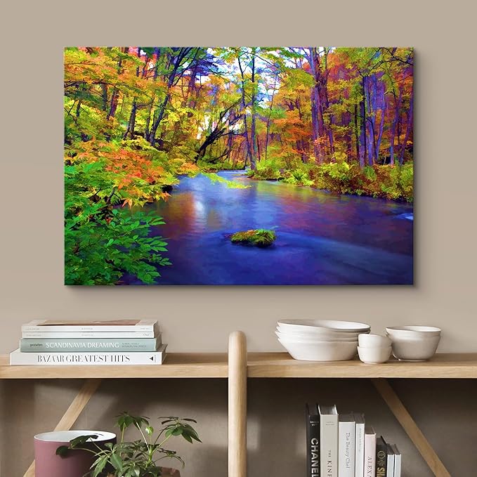 wall26 Canvas Print Wall Art Multicolor Autumn Forest with Blue River Floral Nature Illustrations Realism Bohemian Scenic Relax/Calm Cool for Living Room, Bedroom, Office - 32"x48"