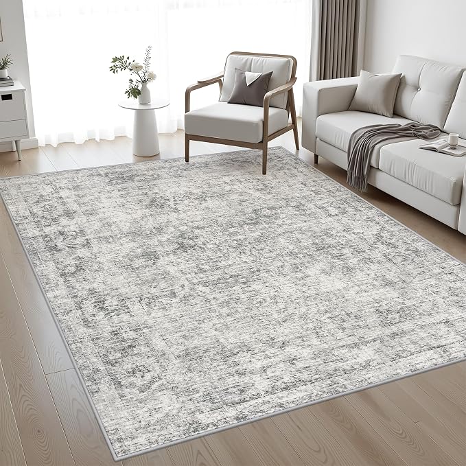 5x7 Area Rug Living Room Rug: Washable Modern Abstract Soft Thin Rug Indoor Floor No Slip Carpet for Bedroom Dining Room Farmhouse Nursery Home Office - Retro Black Grey