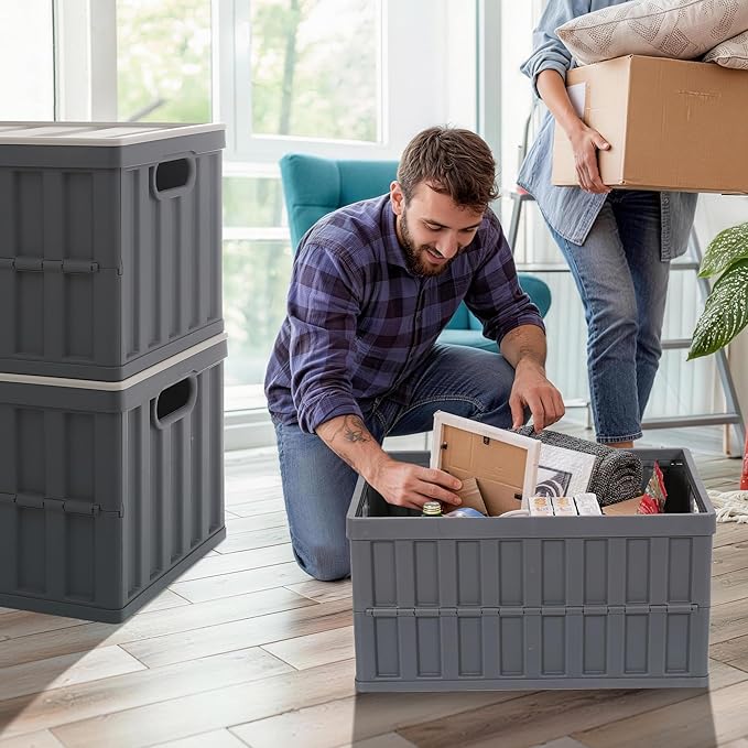 Citylife 64L Collapsible Storage Bins with Lids Plastic Storage Containers for Organizing Stackable Storage Box Large Heavy Duty Utility Crates, 2 Packs