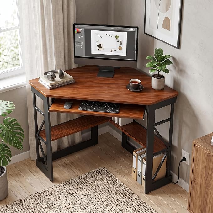 VECELO Corner Desk, Triangle Computer Desk for Small Space with Charging Station and Keyboard Tray, Corner Makeup Table with Storage Shelves for Home Office Bedroom, 41x30, Teak Brown
