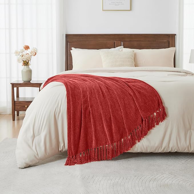 CozeCube Chenille Throw Blanket, Christmas Red Fringe Blanket, 60"X80" | For Couch, Cozy Plush Fuzzy Decorative Blanket with Fringe Tassels, Lightweight Throws for Bed Sofa Gift Home Decor