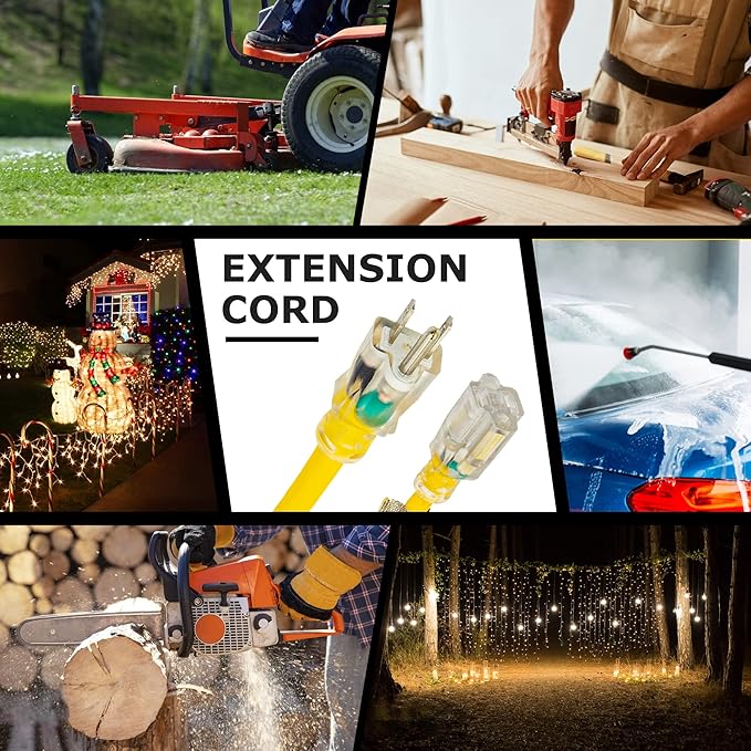 YOJOE Indoor Outdoor Extension Cord with Lighted End, 3 Prong 15A Weatherproof Power Cord, 12 Gauge Heavy Duty 6 ft Yellow Extension Cord for Garage, Garden and Home, 12/3 SJTW UL Listed