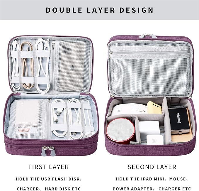 Lanola Travel Cable Organizer Bag, Electronic Accessories Case Portable Double Layer Cable Storage Bag for Cord, Charger, Flash Drive, Phone, SD Card,Personal Items - (Purple)