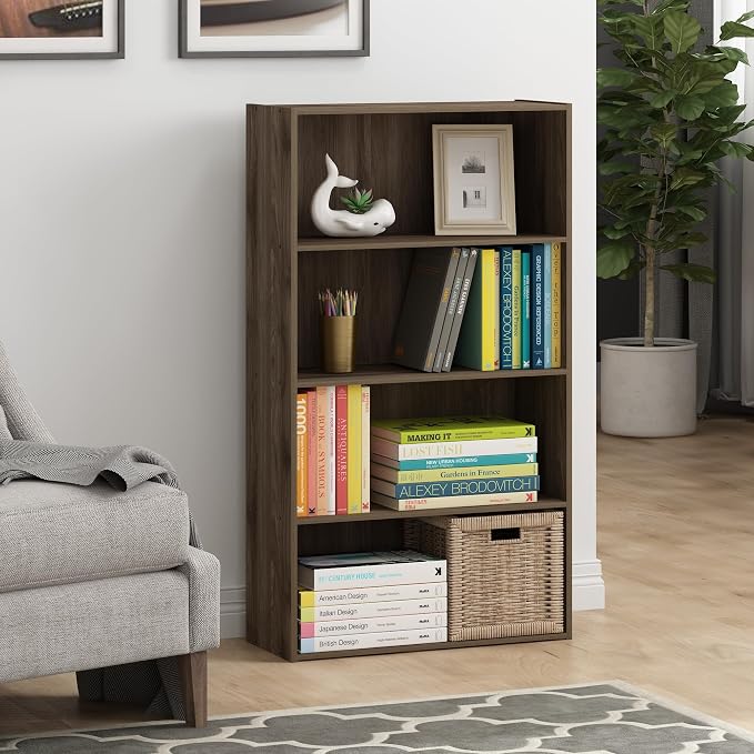 Furinno PASIR Book Shelf, 4-Tier Bookshelf, Bookcase with Open Shelf, 9.4 x 23.6 x 41.7, for Living Room, Bedroom, Home Office, Columbia Walnut