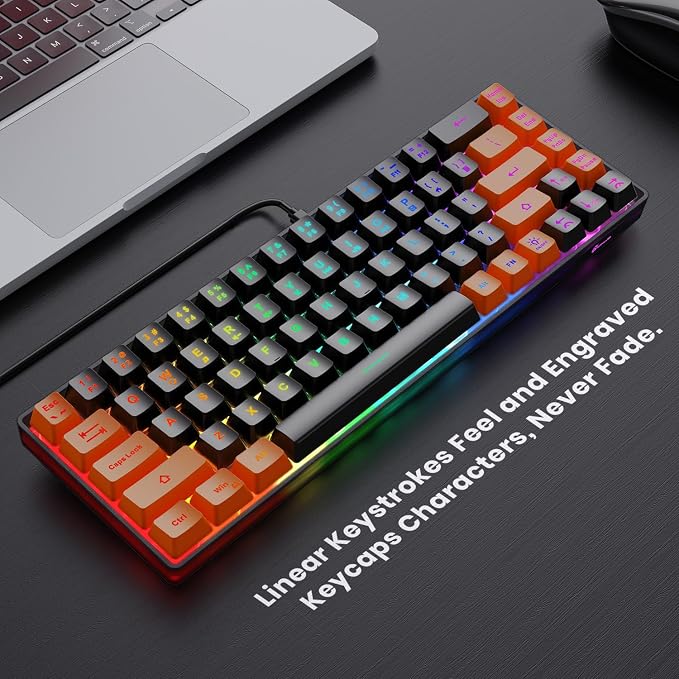 GEODMAER 65% Gaming Keyboard, LED Backlit Mini Wired Keyboard, Ultra-Compact Anti-Ghosting No-Conflict 68 Keys Membrane Gaming Wired Keyboard for PC Laptop Windows Gamer(Black-Orange)