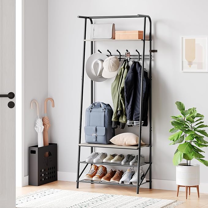 Coat Rack Hall Tree with Shoe Storage Bench, 4-in-1 Entryway Organizer, 5 Hooks & 3-Tier Shoe Rack, Freestanding Metal Frame for Hallway, Front Door