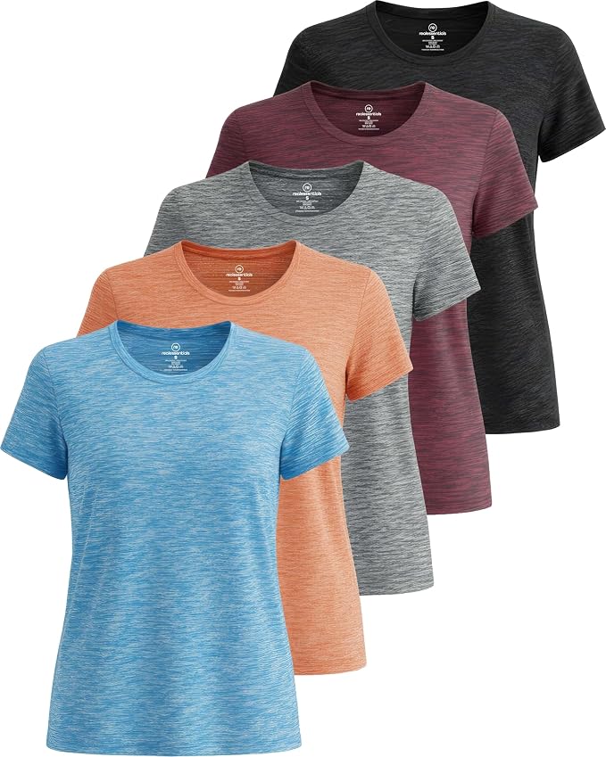 5 Pack Women's Dry Fit Short Sleeve Athletic Gym Workout Running Tops | Available in Plus Size, Exercise, Sports, Fitness, Quick Dry, Cooling, Moisture Wicking, Loose Basic Tees, Yoga, Pilates