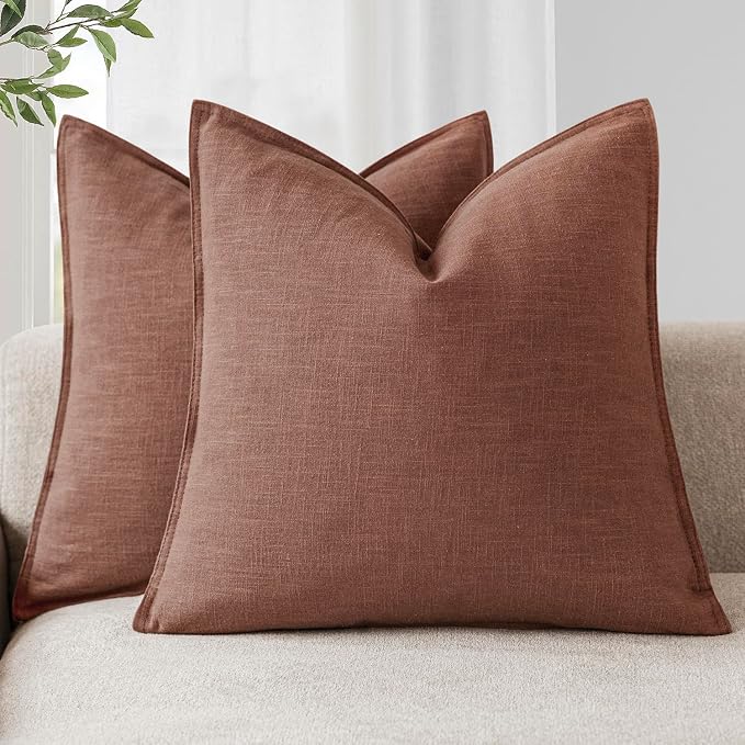 Foindtower Pack of 2, Decorative Linen Solid Throw Pillow Covers Soft Accent Euro Cushion Case Boho Farmhouse Pillowcase for Chair Couch Sofa Bedroom Living Room Home Decor 22 x 22 Inch Rust Red