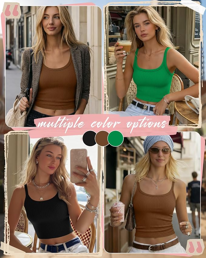 Ficerd 3 Pack Women's Tank Tops 95% Cotton Spaghetti Strap Ribbed Crop Camisole Slim Fitted Basic Summer Sleeveless Layer