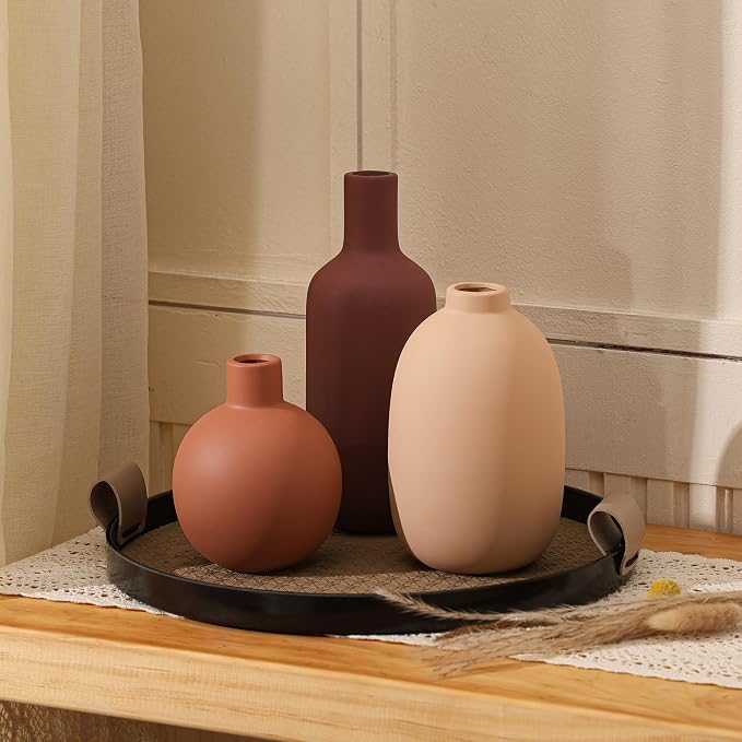 Ceramic Modern Vase for Home Decor Farmhouse Vases Set of 3 Terracotta Decorative Pottery Boho Vases for Pampas Grass Living Room Kitchen Bedroom Entryway Mantel Decor