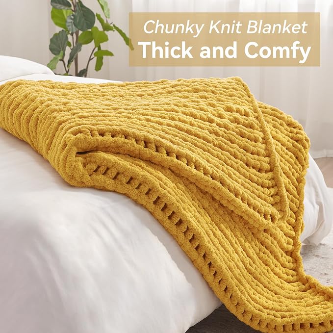 Negwoo Chunky Knit Throw Blanket, Knitted Throw Chenille Yarn, 80"*90" | Soft Thick Cable Knitted Blankets, Handmade Big Thick Blanket, Machine Washable Cute Comfy Blanket for Home Decor, Yellow