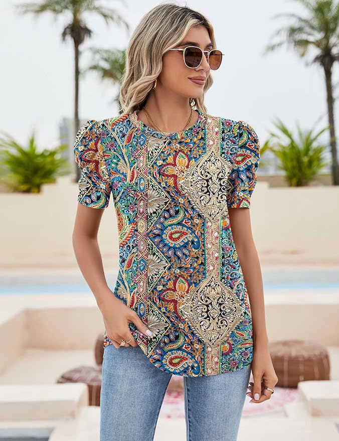 Ivicoer Puff Short Sleeve Shirt for Women Eyelet Tops Summer Crewneck Blouse Loose Fit S-XXL