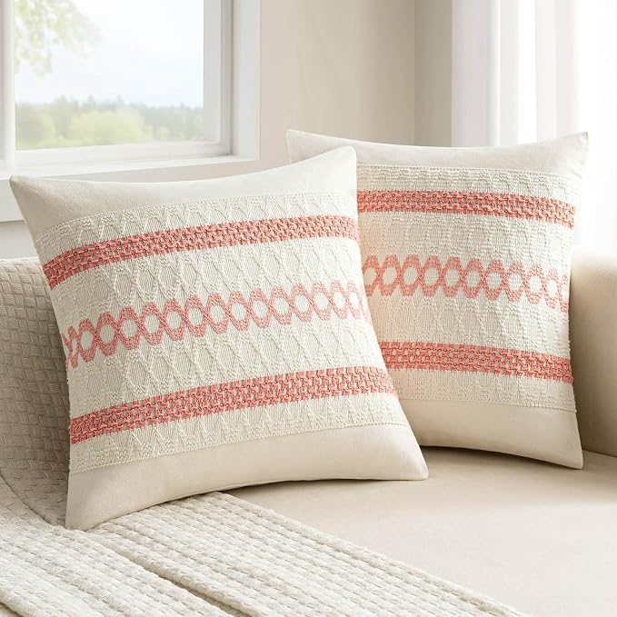 MIULEE Set of 2 Coral Red Boho Decorative Pillow Covers 18x18 Inch | Farmhouse Couch Throw Pillows Modern Spring Cotton Cushion CoversMacrame Woven Home Decor for Bed Sofa Chair