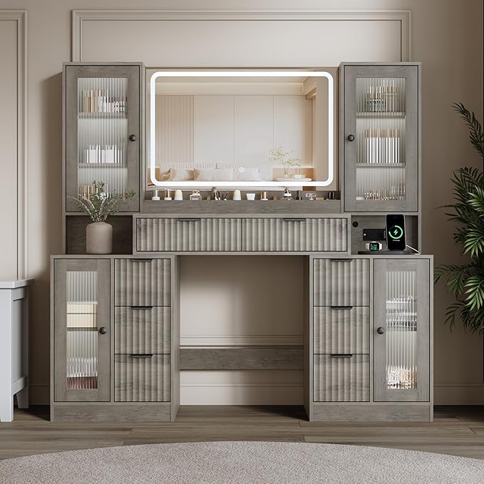 55" Vanity Desk with Mirror & Lights, Fluted Makeup Vanity with 8 Drawers & 4 Cabinets, Tempered Glass Top, RGB Cabinet Lighting, 3-Color Dimmable Mirror, and Charging Station (Gray Wash)