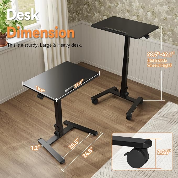 Monomi 25“ Mobile Folding Desk,Pneumatic Sit-Stand Table,No Assembly,Black | Height Adjustable Rolling Laptop Desk,Space-Saving Portable Small Desk with Wheels,Ideal for Home Office,Craft & Study