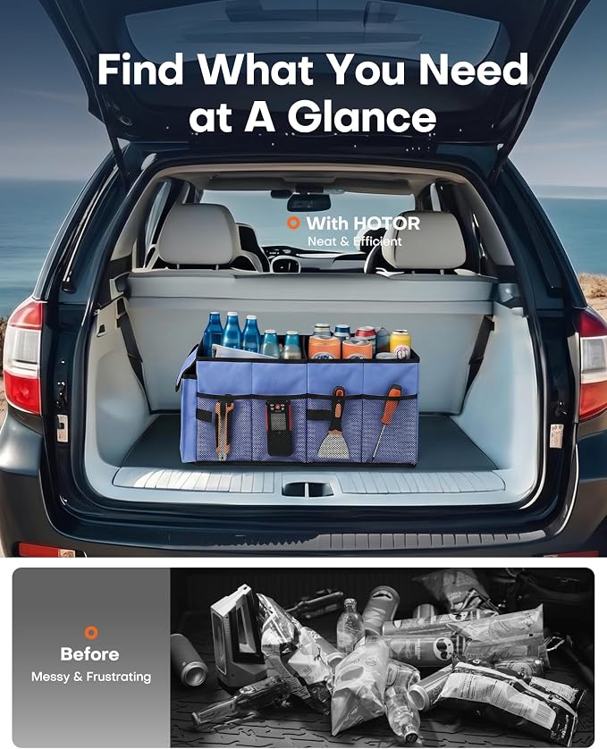 HOTOR Trunk Organizer for Car - Car Organizer, Foldable Trunk organizer for SUVs & Sedans, Sturdy Organization for Car Accessories, Tools, Sundries, Blue, 2 Compartments, 23.6"��14.2"��10.6"