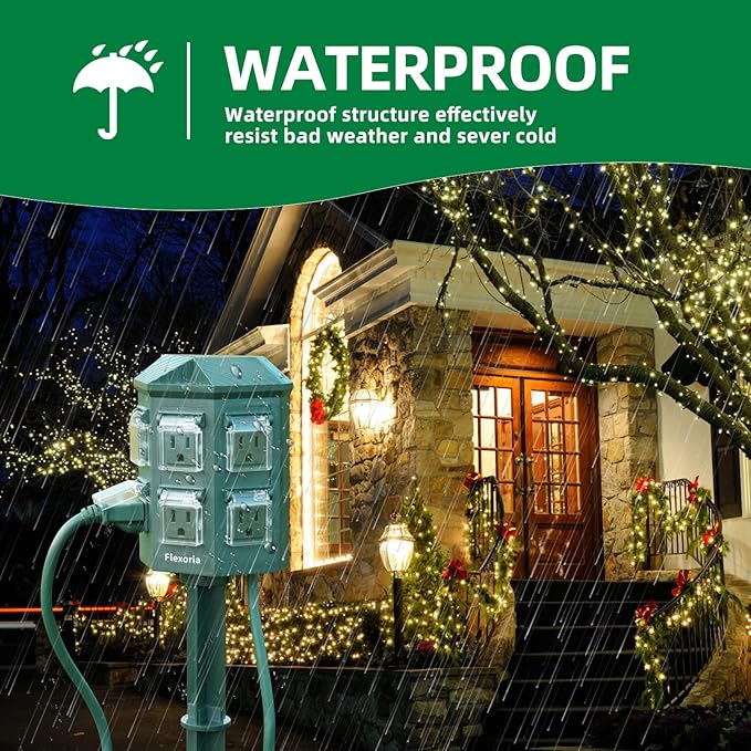 Outdoor Power Strip Timer Waterproof, Dusk to Dawn Light Sensor Countdown, 100FT Extension Cord, 6 Grounded Outlets for Graden and Yard Decorations, ETL Listed