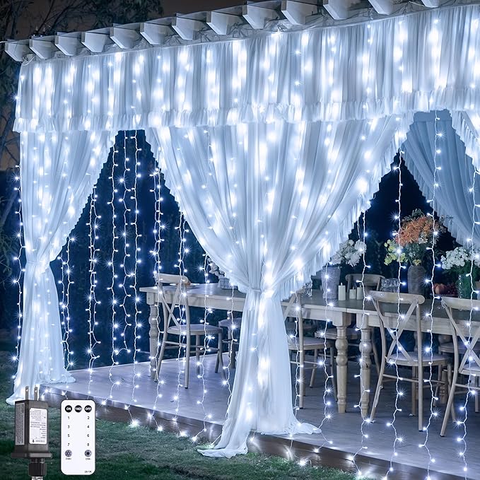 JMEXSUSS 9.5x29.5ft Curtain Lights Indoor Outdoor Decor with Remote, 900LED White Christmas Lights Plug in, Hanging String Lights for Bedroom, Wall, Window, Patio, Garden, Wedding, Reception, Backdrop