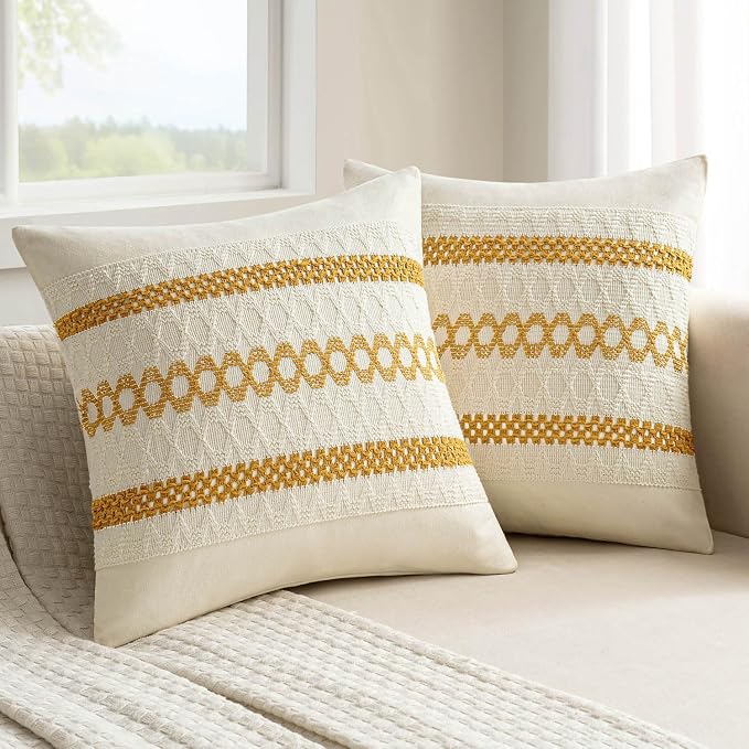 MIULEE Set of 2 Mustard Yellow Boho Decorative Pillow Covers 18x18 Inch | Fall, Boho Farmhouse Modern Couch Throw Pillows, Cotton Cushion Covers, Macrame Woven Home Decor for Bed Sofa Chair